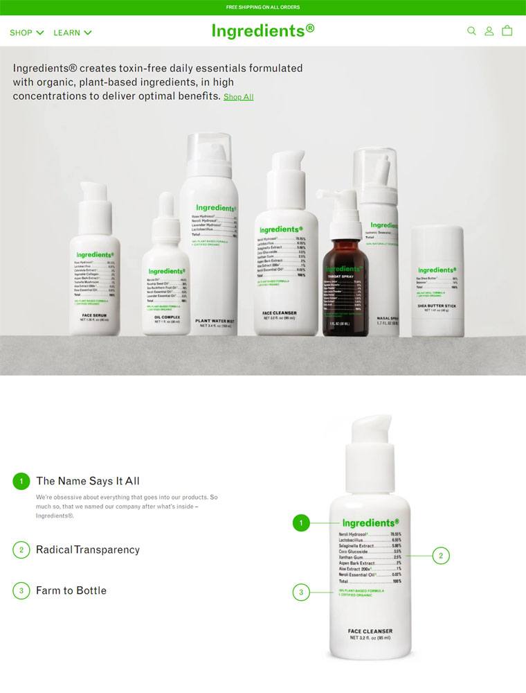 eCommerce website: Ingredients