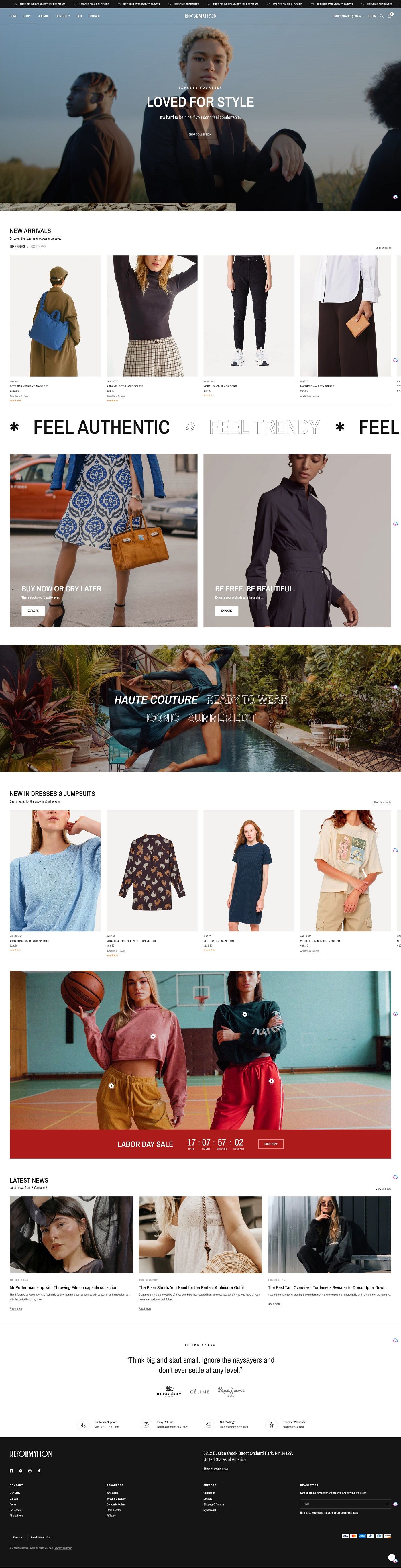 eCommerce website template: Reformation