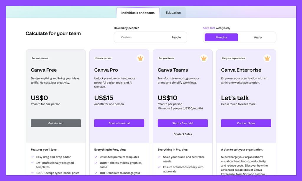 canva pricing free trial