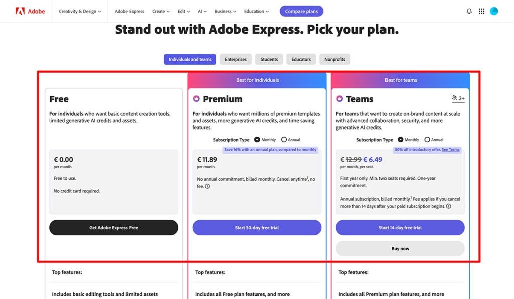 adobe express pricing