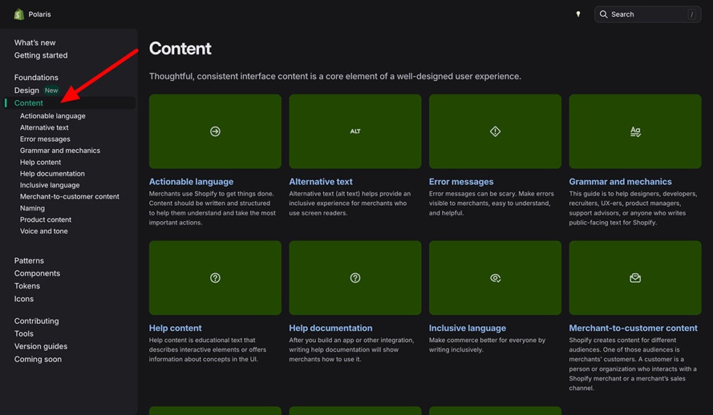 shopify polaris content