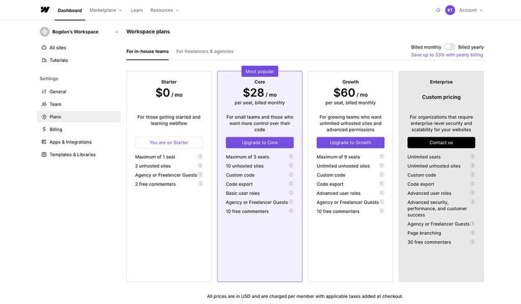 webflow pricing