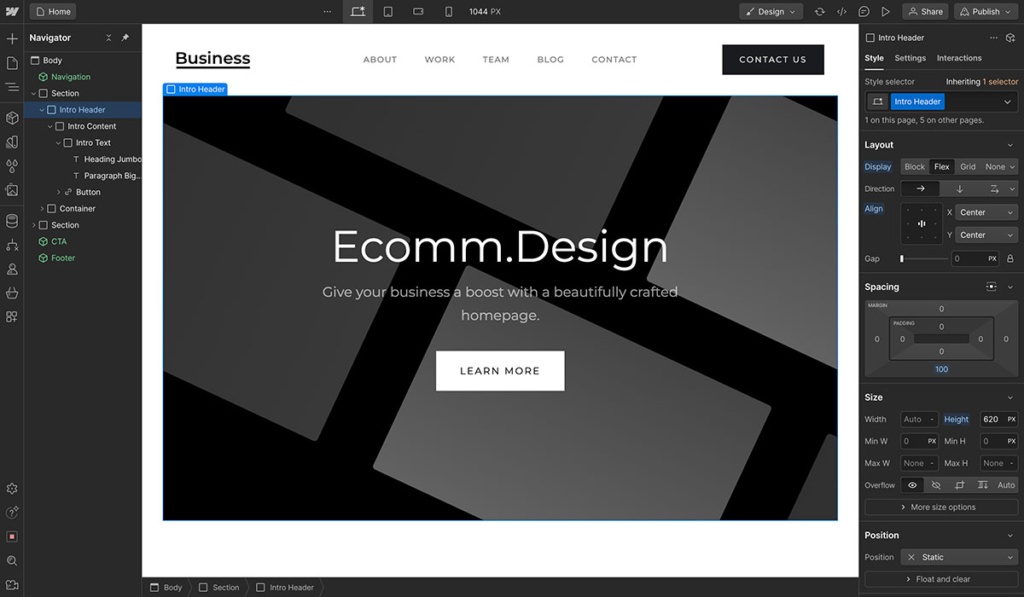 webflow website dashboard