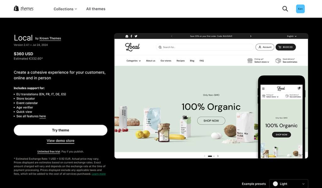 local shopify theme