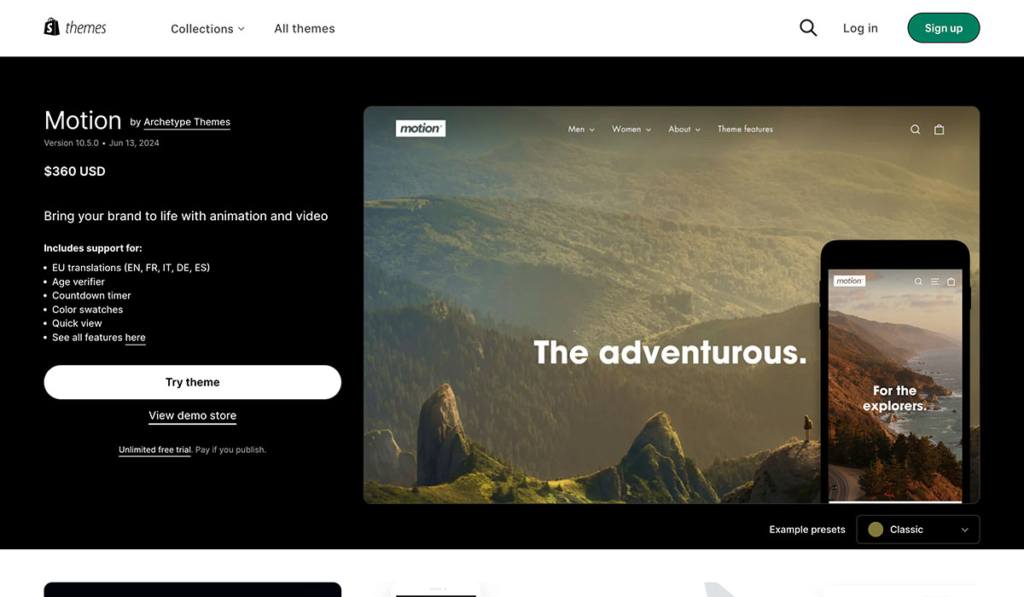 motion shopify theme homepage