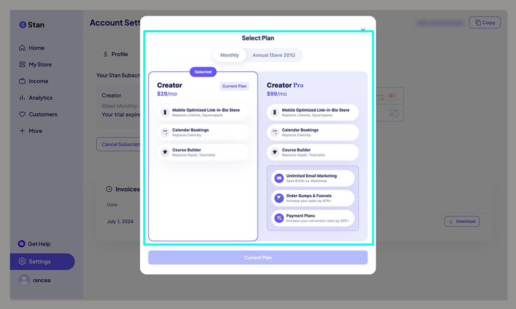 stan store pricing plans
