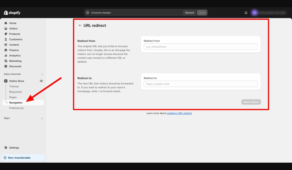 shopify url redirects