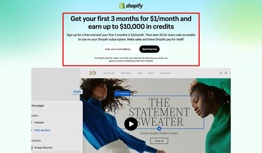 shopify 3 months for 1 dollar