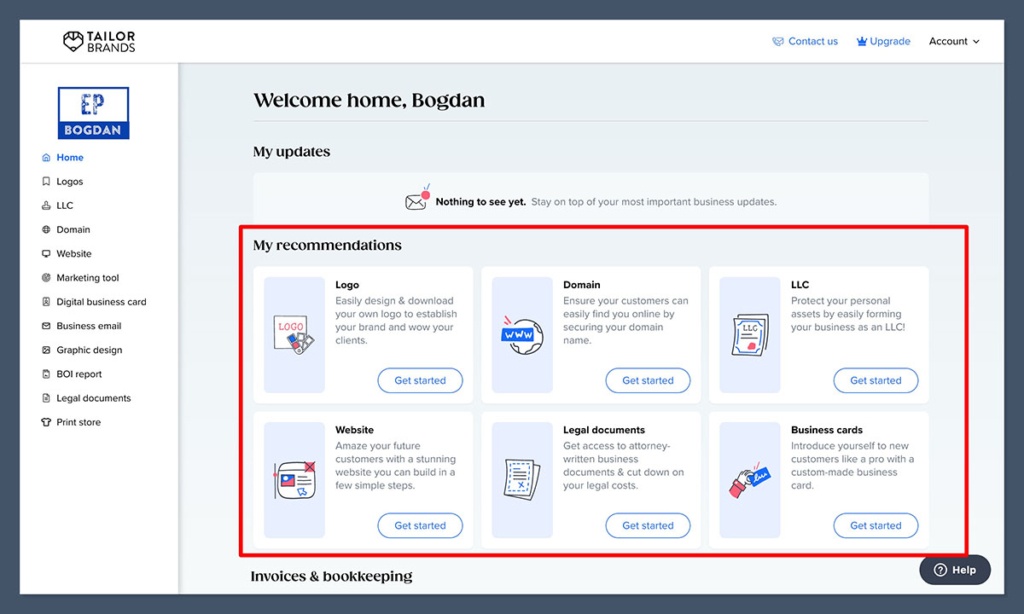 tailor brands dashboard