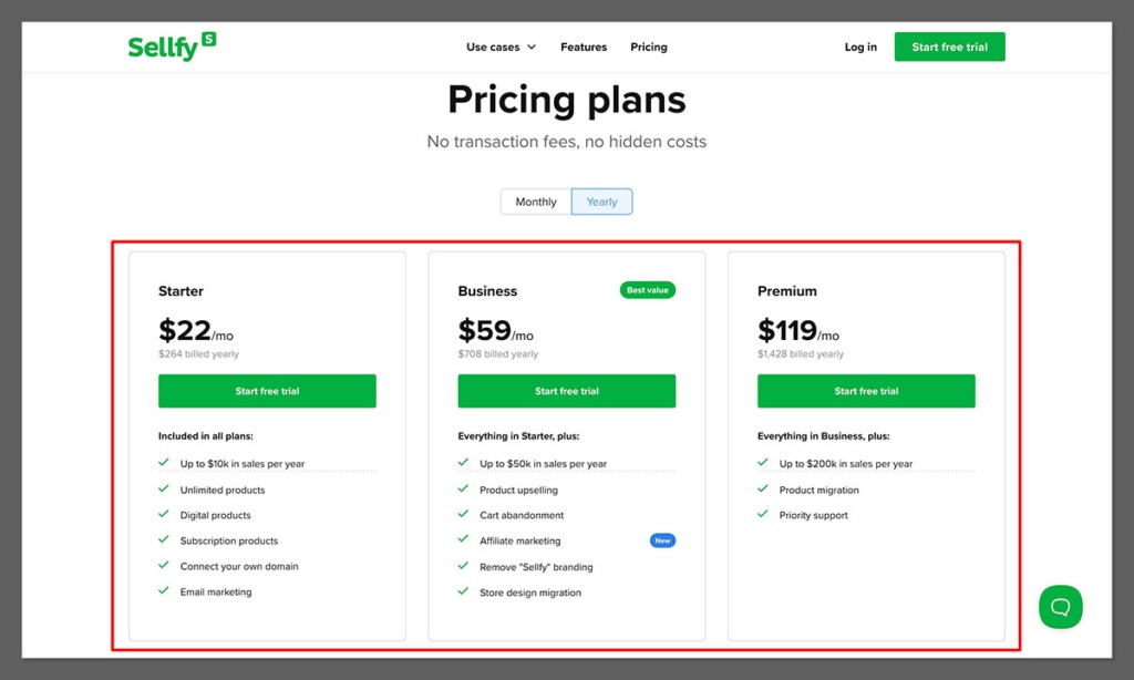 sellfy pricing plans